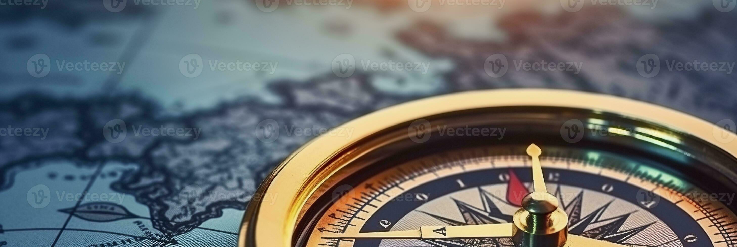 AI generated Magnetic compass and location marking with a pin on routes on world map. AI Generated photo