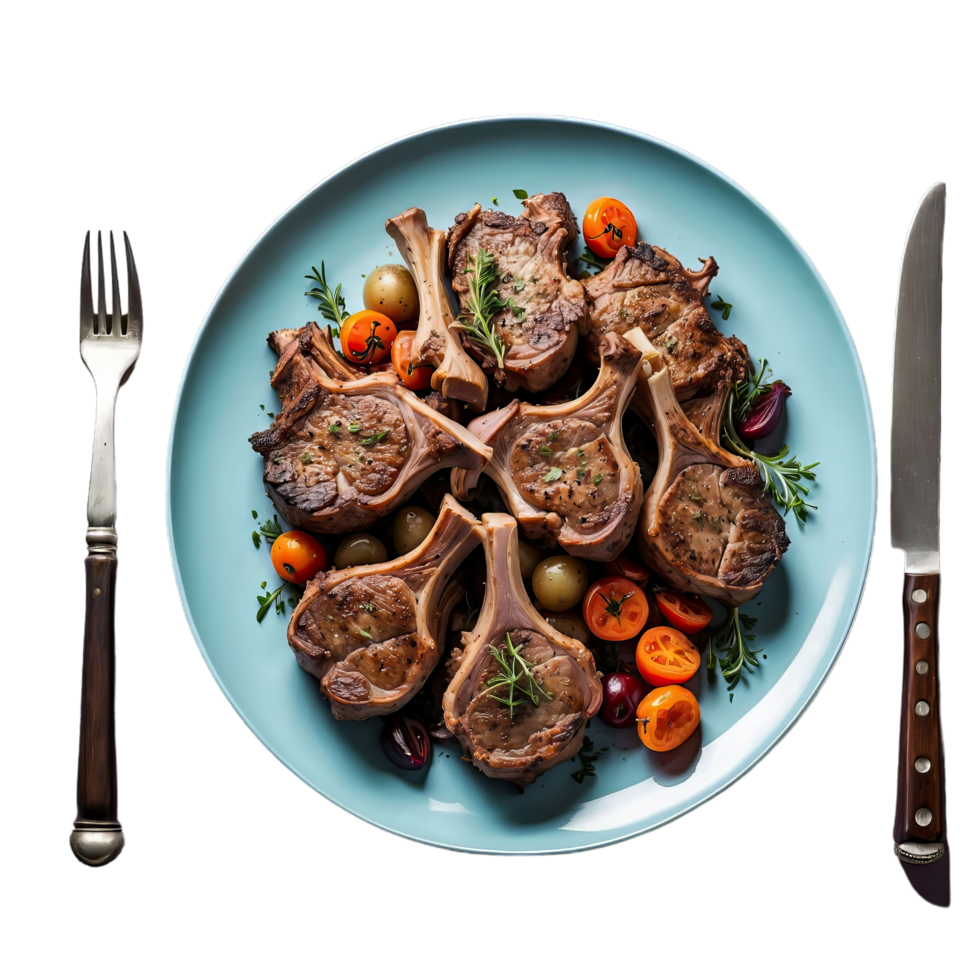 AI generated mouthwatering platter of roasted lamb chops isolated on transparent background png