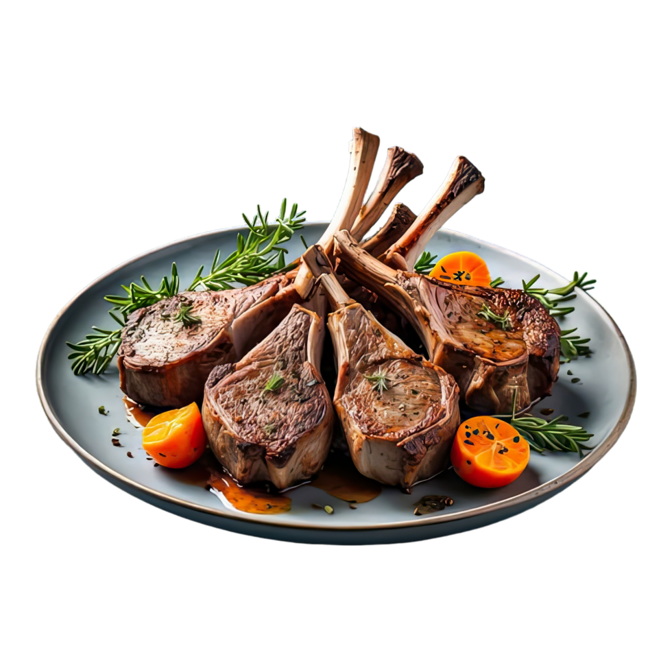 AI generated mouthwatering platter of roasted lamb chops isolated on transparent background png