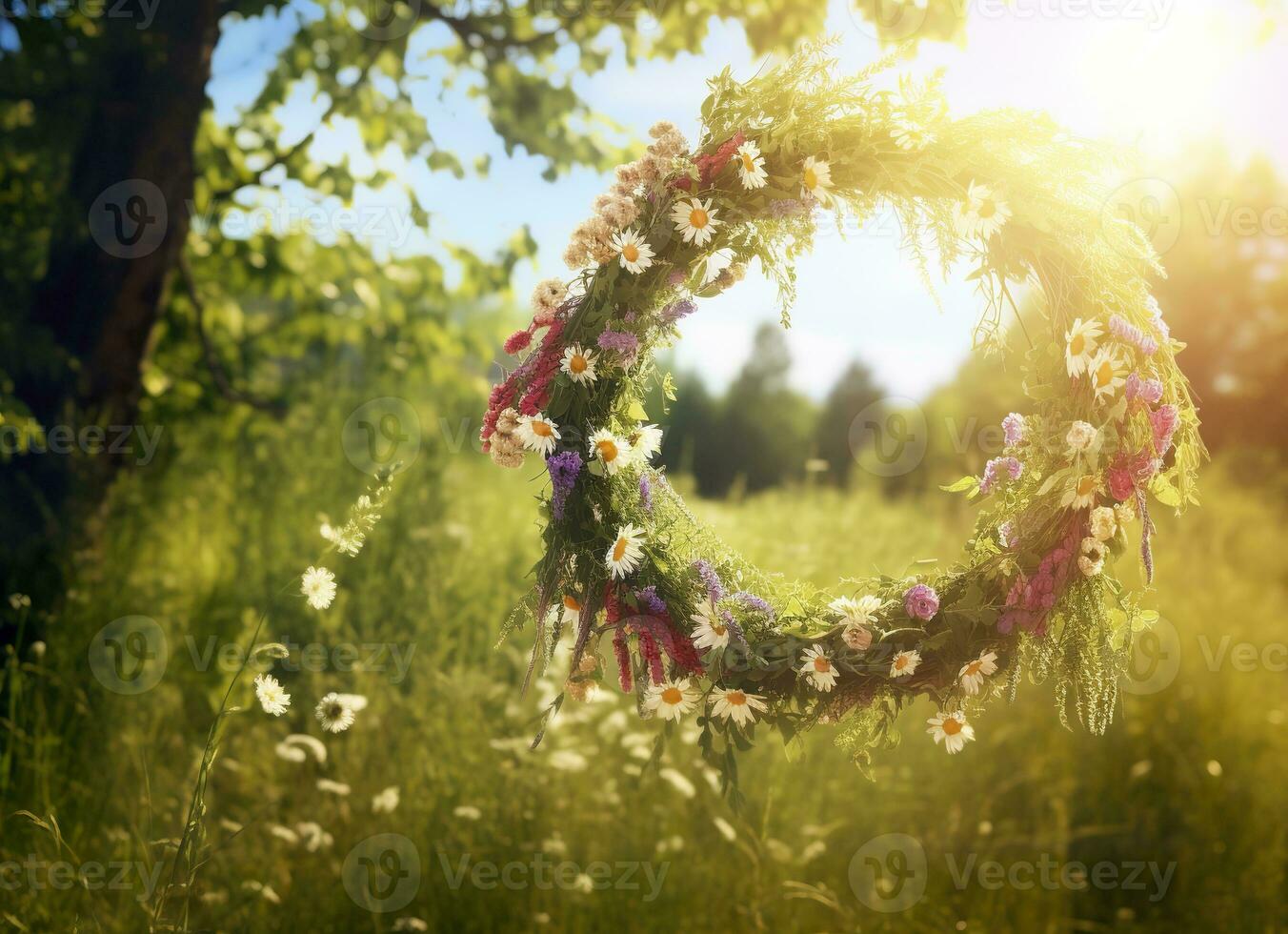 AI generated Rustic wildflowers wreath on a sunny meadow. Summer Solstice Day, Midsummer concept. Generative AI photo