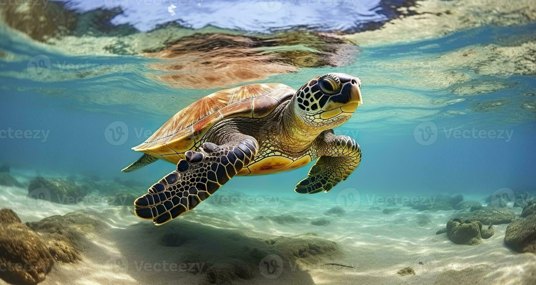 AI generated Photo of Sea turtle in the Galapagos island. Generative AI
