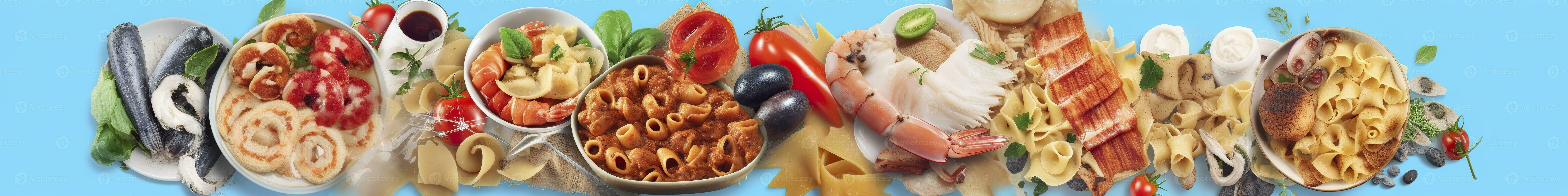 AI generated Web page banner of famous Italian food recipes on clean blue background. AI Generated photo