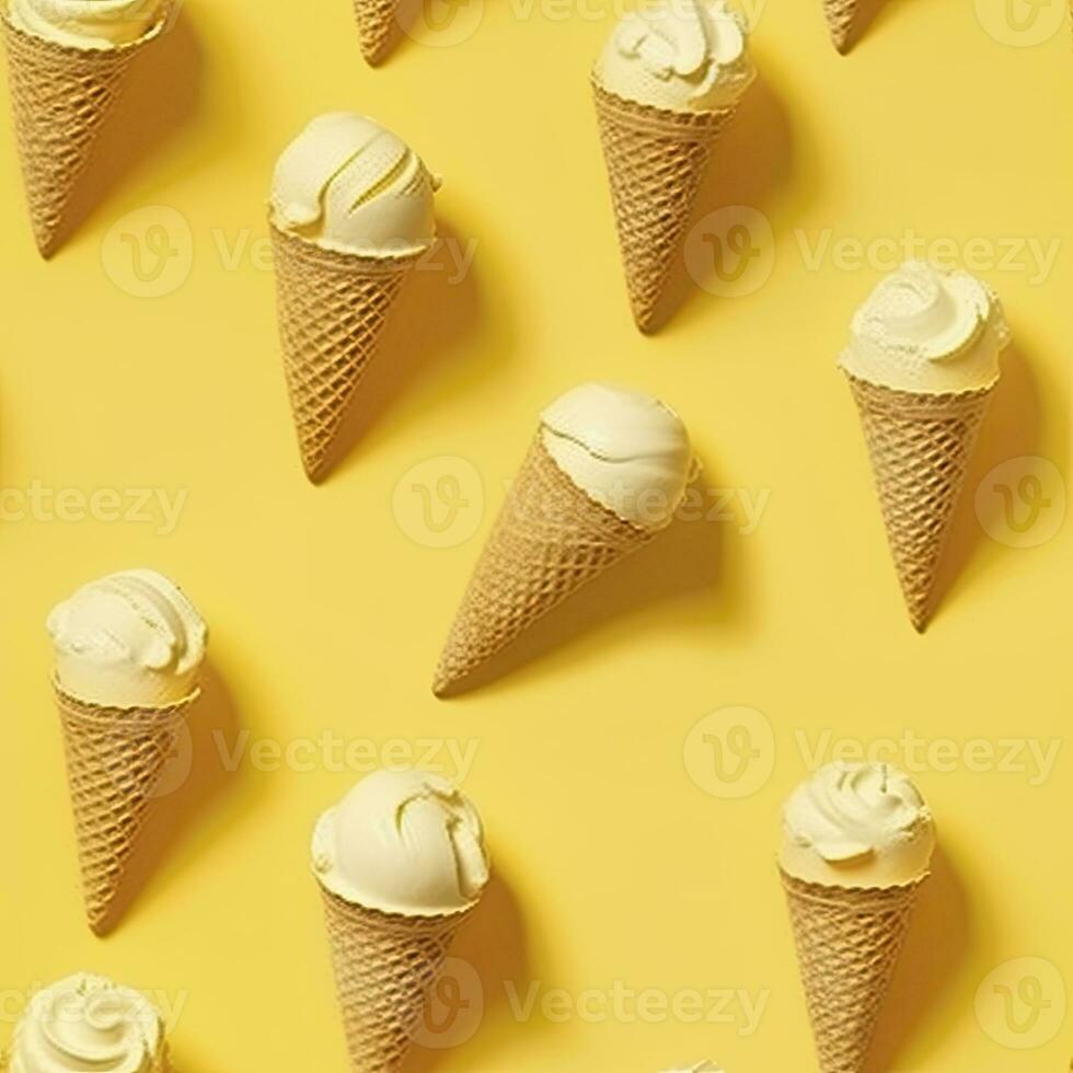 AI generated Ice Cream pattern on yellow background, top view. AI Generated photo