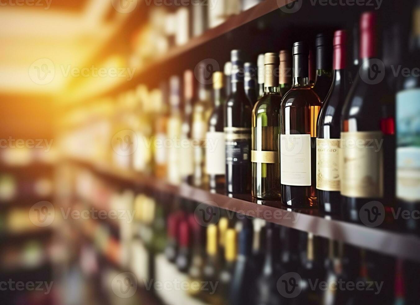 AI generated Abstract blur wine bottles on liquor alcohol shelves in supermarket store background. Generative AI photo