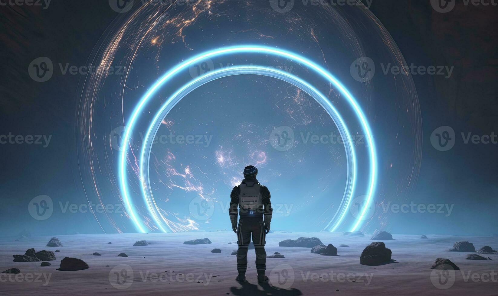AI generated Astronaut in front of dimensional portal.  AI Generated. photo