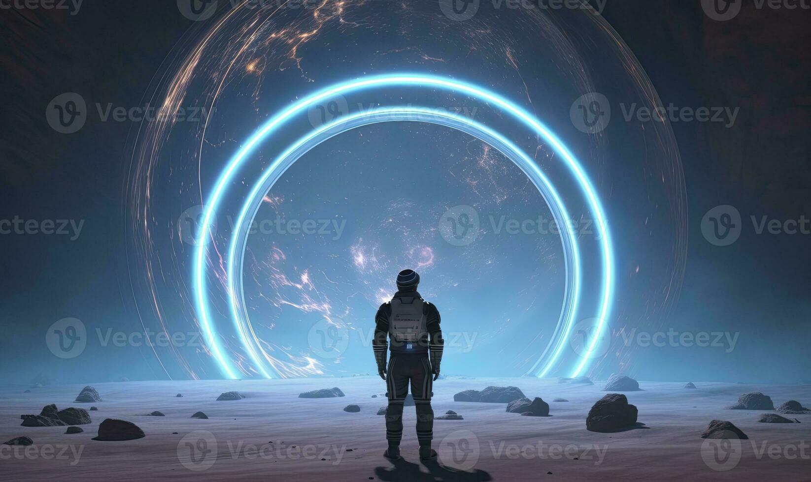 ai generado astronauta en frente de dimensional portal. ai generado. foto