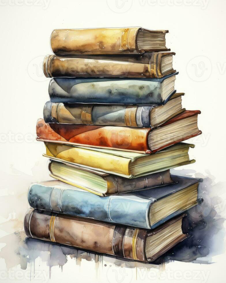 AI generated Watercolor pile of books isolated on white background. AI Generated photo