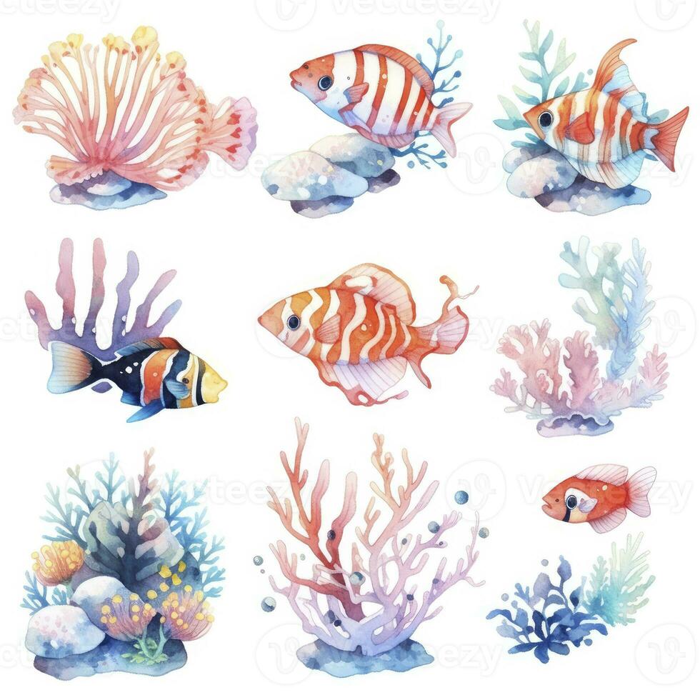 AI generated Underwater Sea element in watercolor on the white background. AI Generated photo