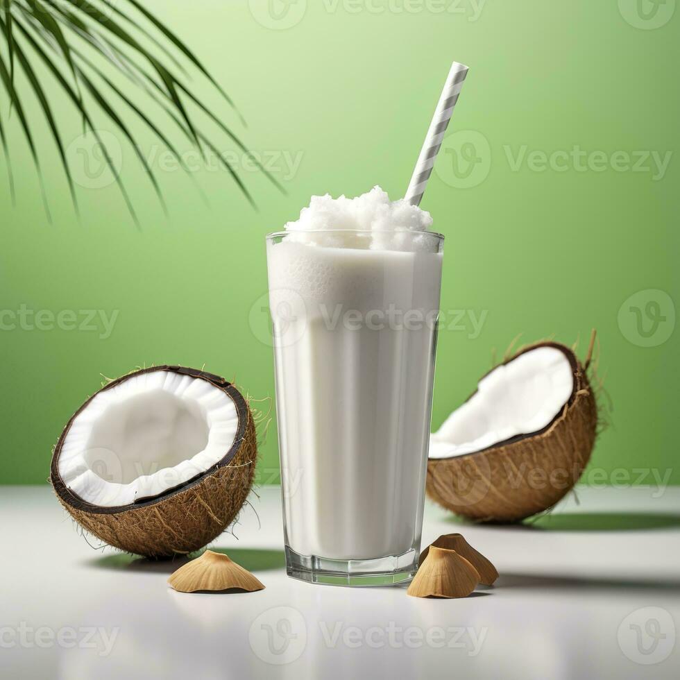 AI generated Coconut milk shake glass with fresh sliced coconut. Generative AI photo