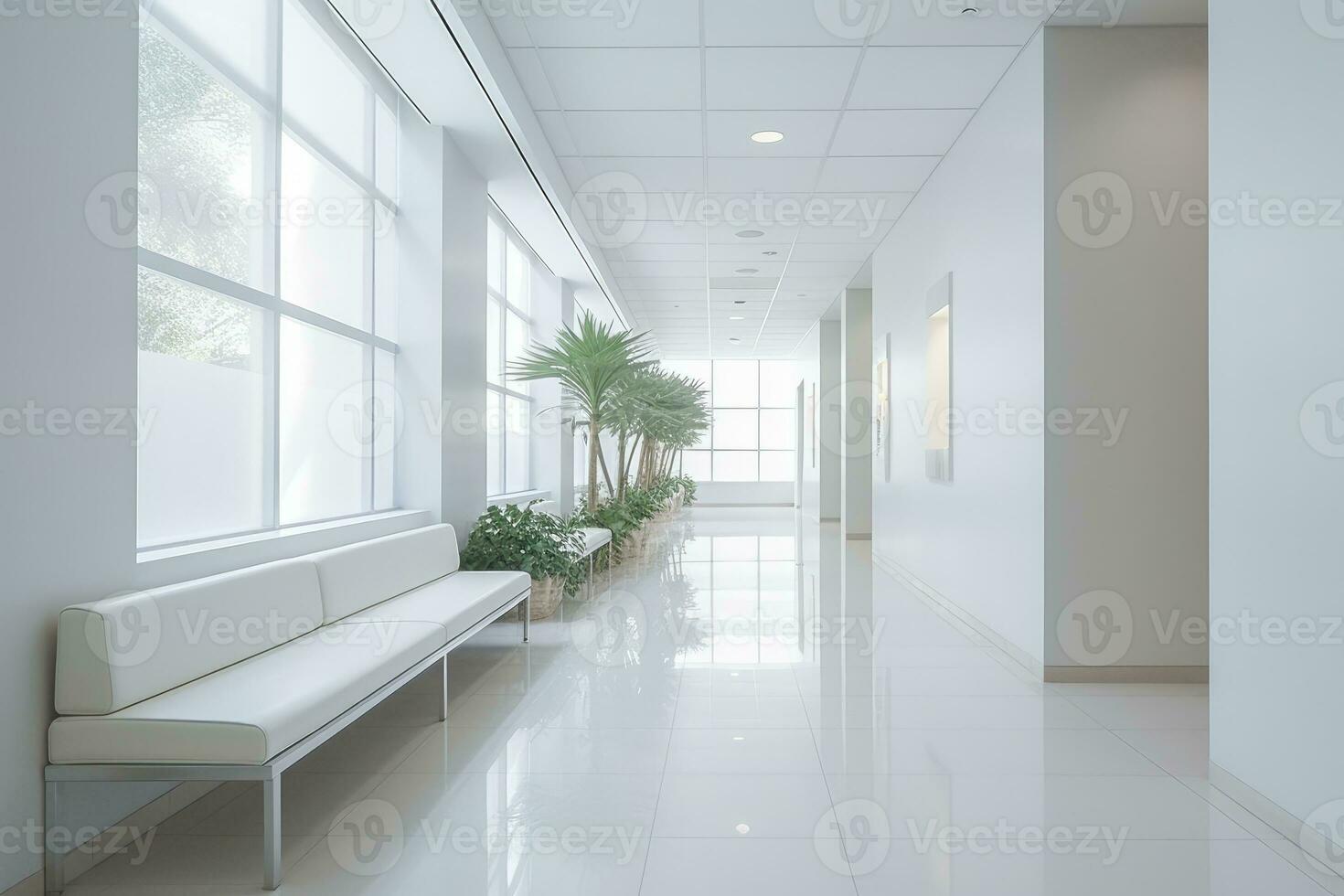 AI generated Interior design of a modern luxurious white building corridor or hallway with waiting seat. AI Generated photo