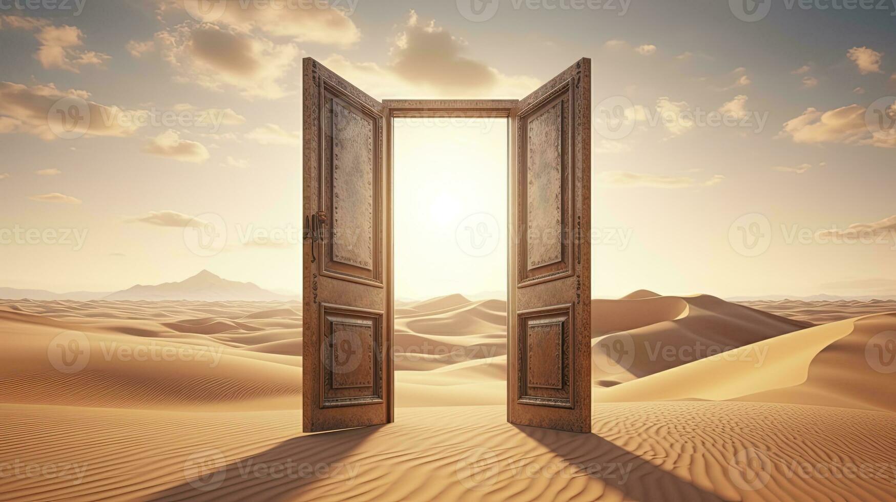 ai generado el abrió puerta en el desierto. desconocido y comienzo arriba concepto. ai generado. foto