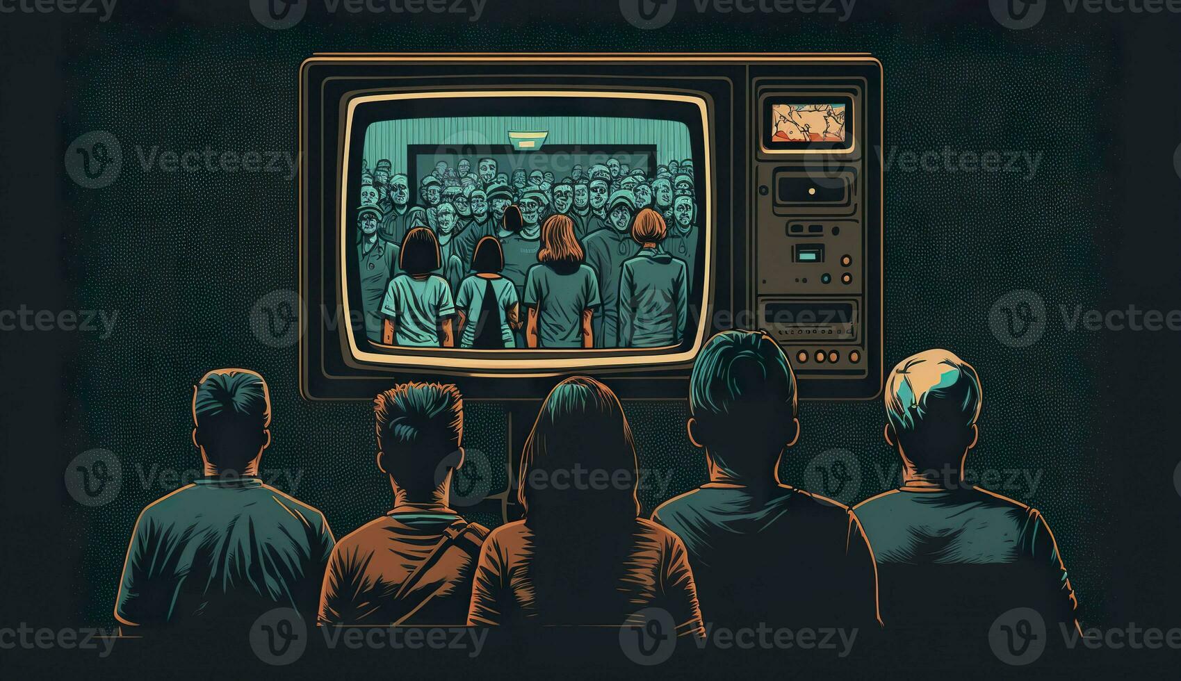 AI generated People crowd watching TV. TV addiction, propaganda and fake news concept. Generative AI photo