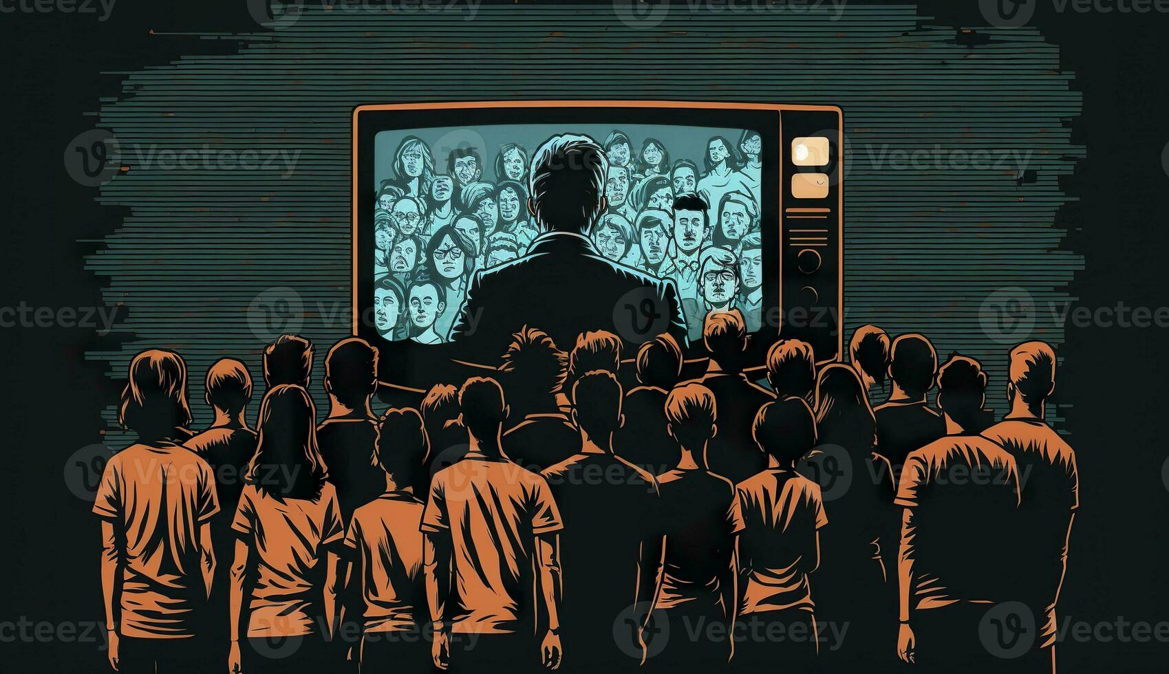 AI generated People crowd watching TV. TV addiction, propaganda and fake news concept. Generative AI photo