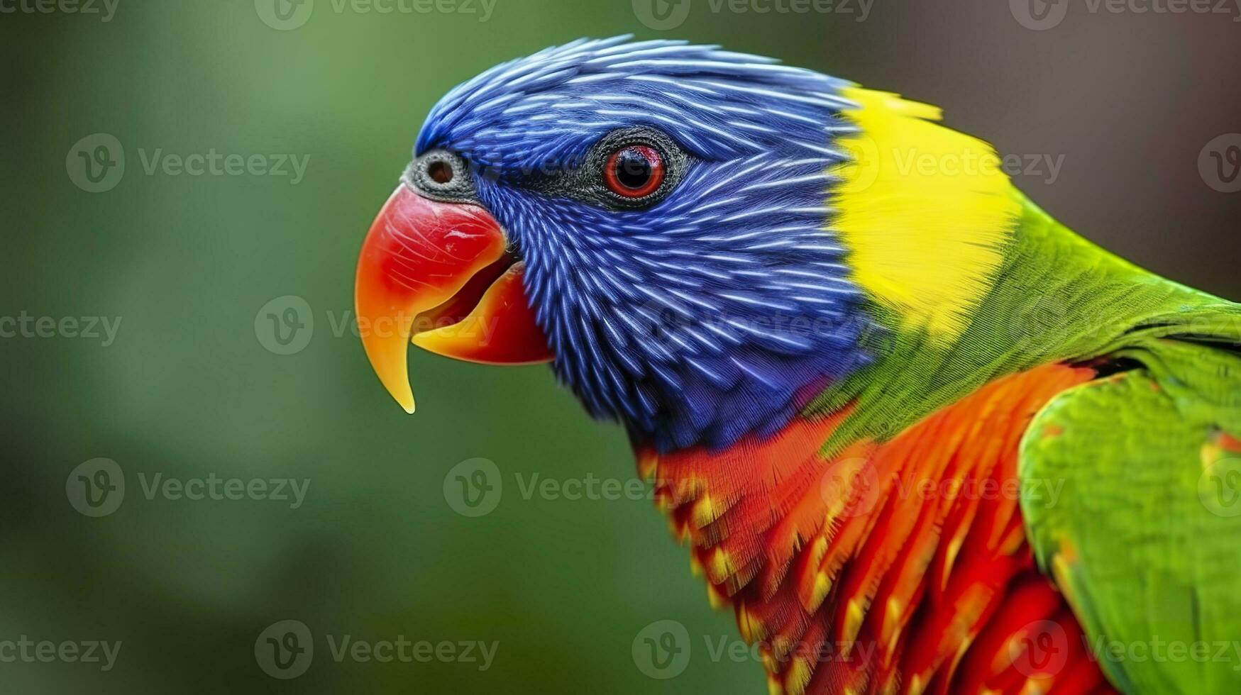 AI generated Side view Closeup of beautiful and colorful Lorikeet Green naped bird. Generative AI photo