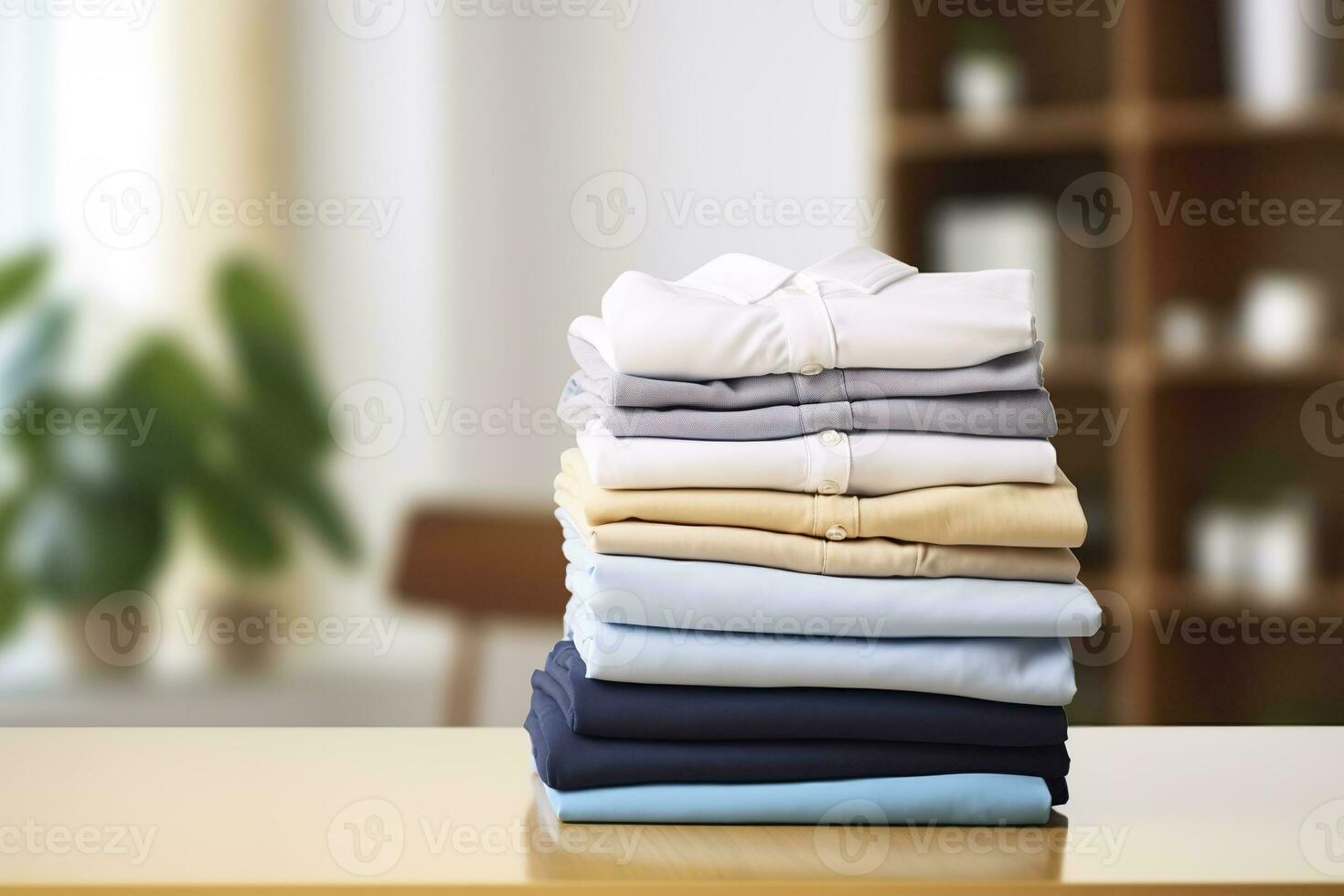 AI generated Stack of clean clothes on table in room. Generative AI photo