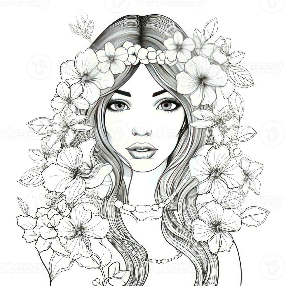 AI generated A girl on a coloring book page with Jasmine flowers. AI Generated photo