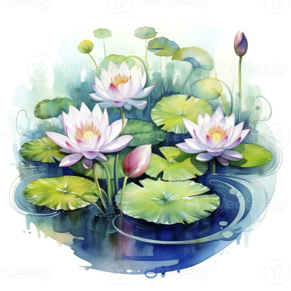 AI generated Water Lily in Pond. Watercolor design. AI Generated photo