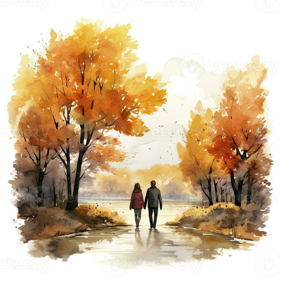 AI generated Watercolor autumn landscape with a couple walking. AI Generated photo