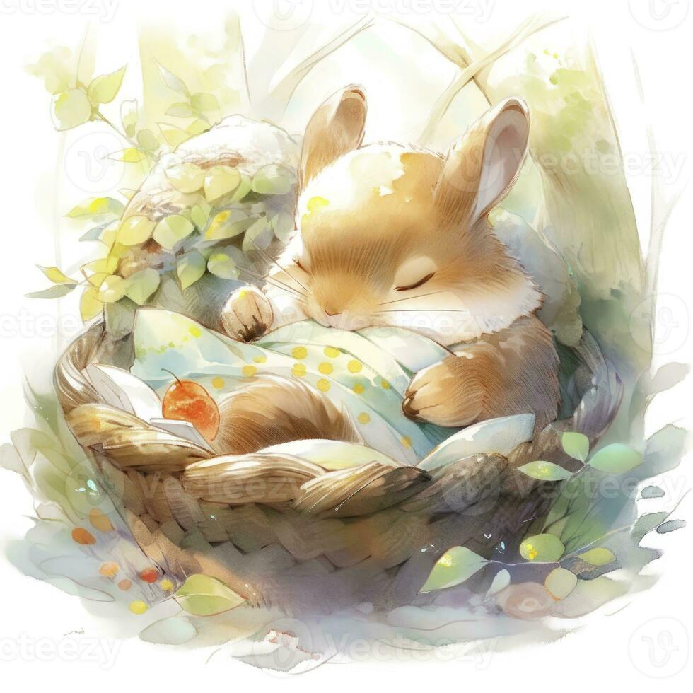 AI generated A sleepy baby squirrel in a bedding. watercolor illustration. AI Generated photo