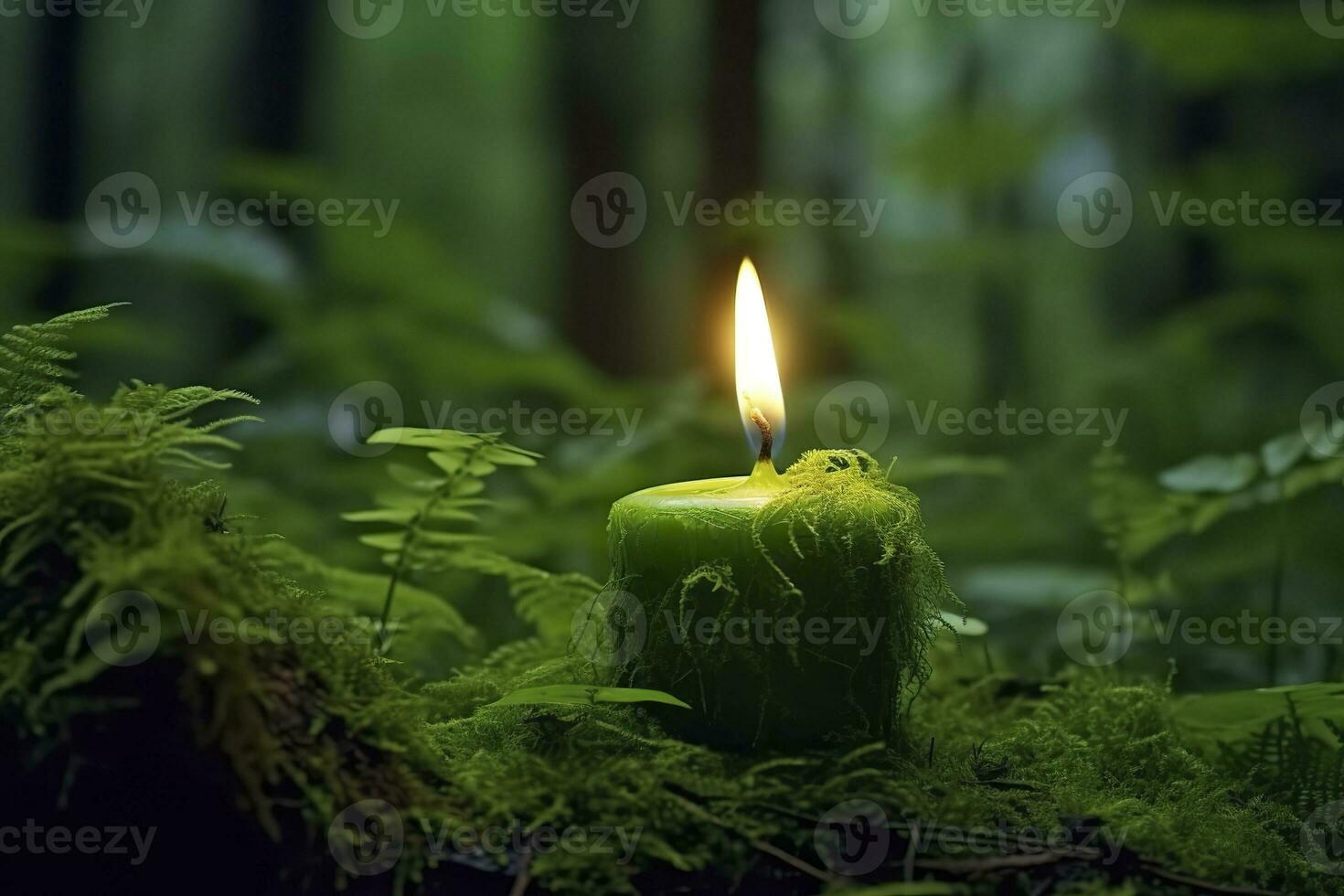 AI generated Burning candle on moss, dark green blurred the natural background. Magic candle. Generative AI photo