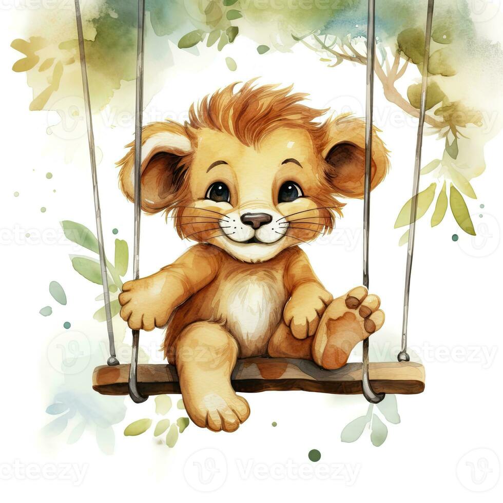 AI generated Cute happy baby lion on swings attached to the tree in watercolor style. AI Generated photo
