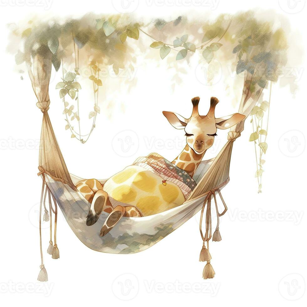 AI generated A sleepy baby giraffe in a hammock. watercolor illustration. AI Generated photo