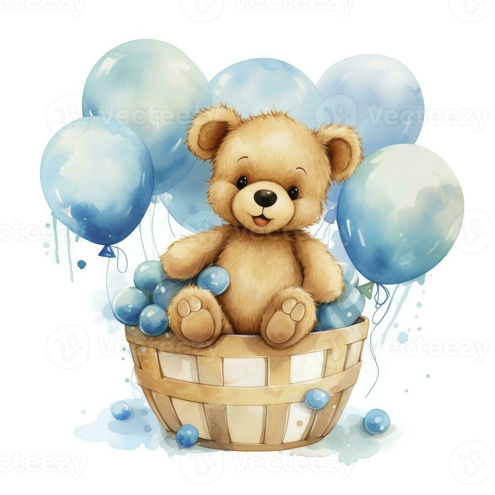 AI generated A watercolor baby teddy bear is sitting in the basket with blue and gold balloons. AI Generated photo