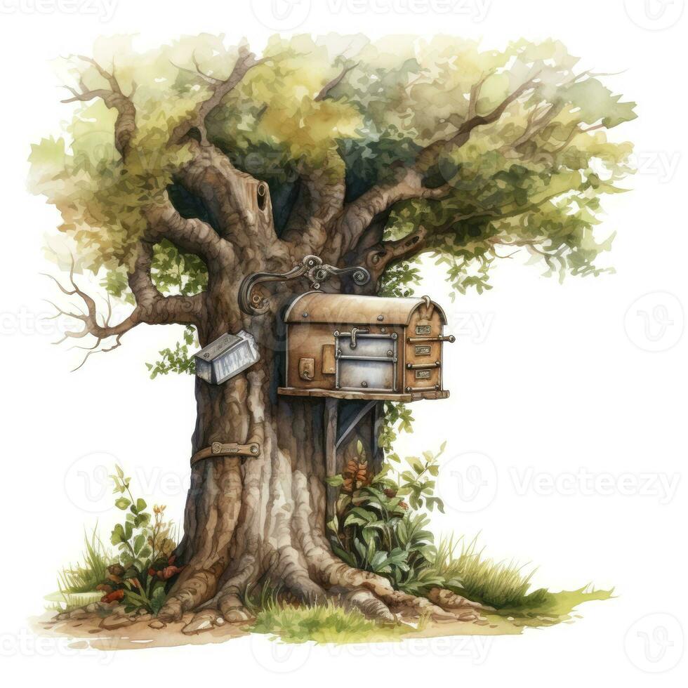 AI generated Watercolor mailbox in a tree on a white background. AI Generated photo