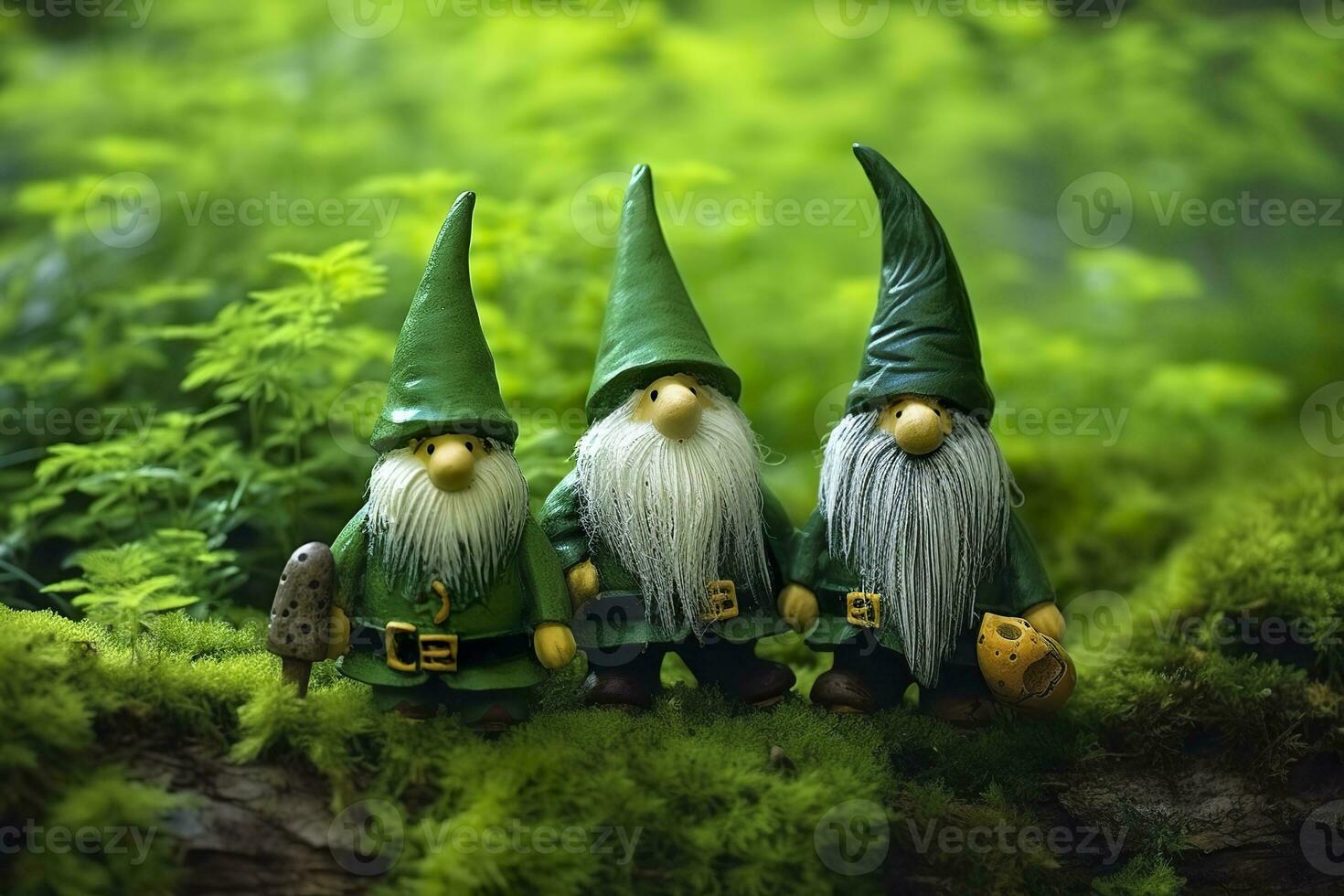 AI generated Toy Irish gnomes in a mystery forest, abstract green natural background. Generative AI photo