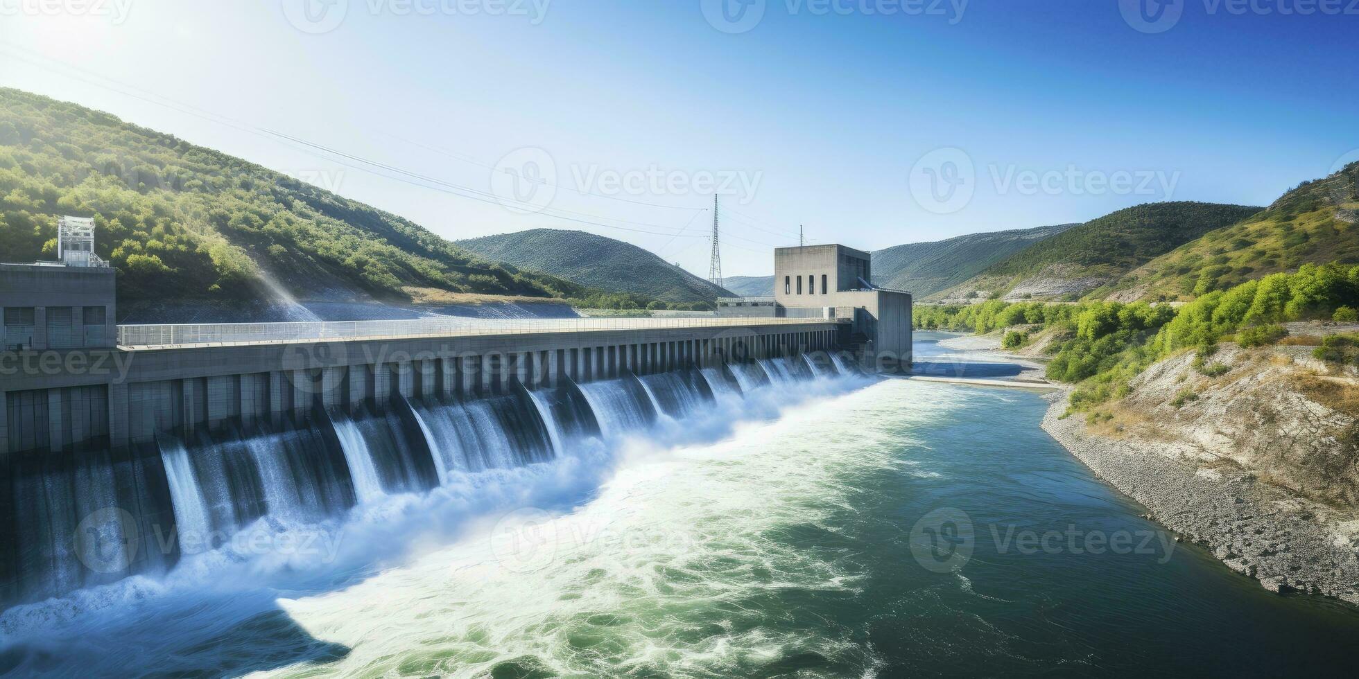 ai generado hidroeléctrico represa generando verde energía desde fluido agua. ai generado. foto