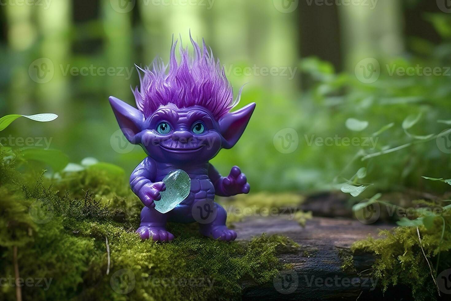 AI generated Tale troll with crystals in the forest, natural green background. Generative AI photo