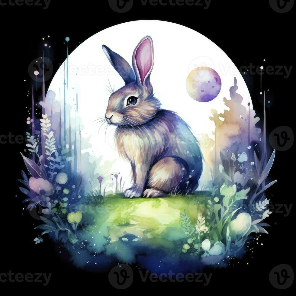 AI generated Watercolor Rabbit and Glowing Moon for T-shirt Design. AI Generated photo