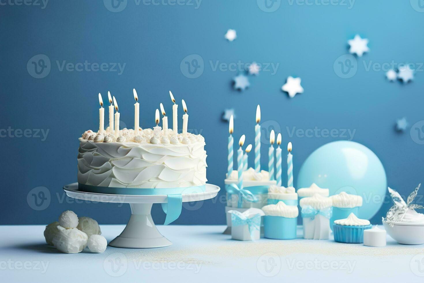 AI generated Birthday cake with candles and sweets on white table near blue wall. Generative AI photo
