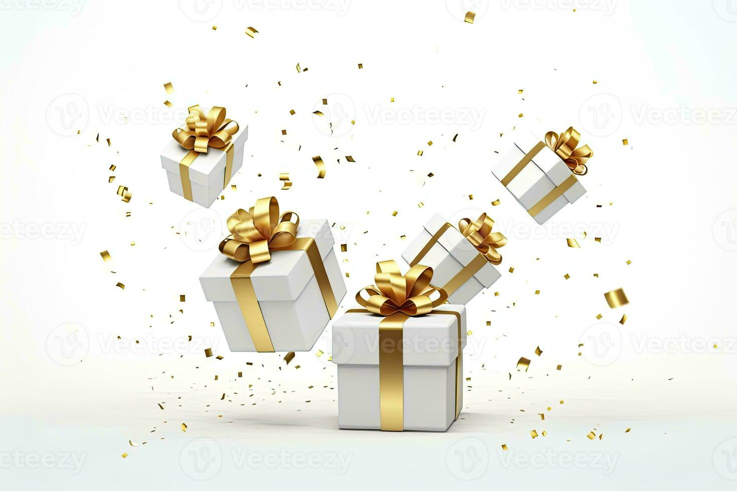 ai generado alegre nuevo año y alegre Navidad 2024 blanco regalo cajas con dorado arcos y oro lentejuelas papel picado en blanco antecedentes. ai generado foto