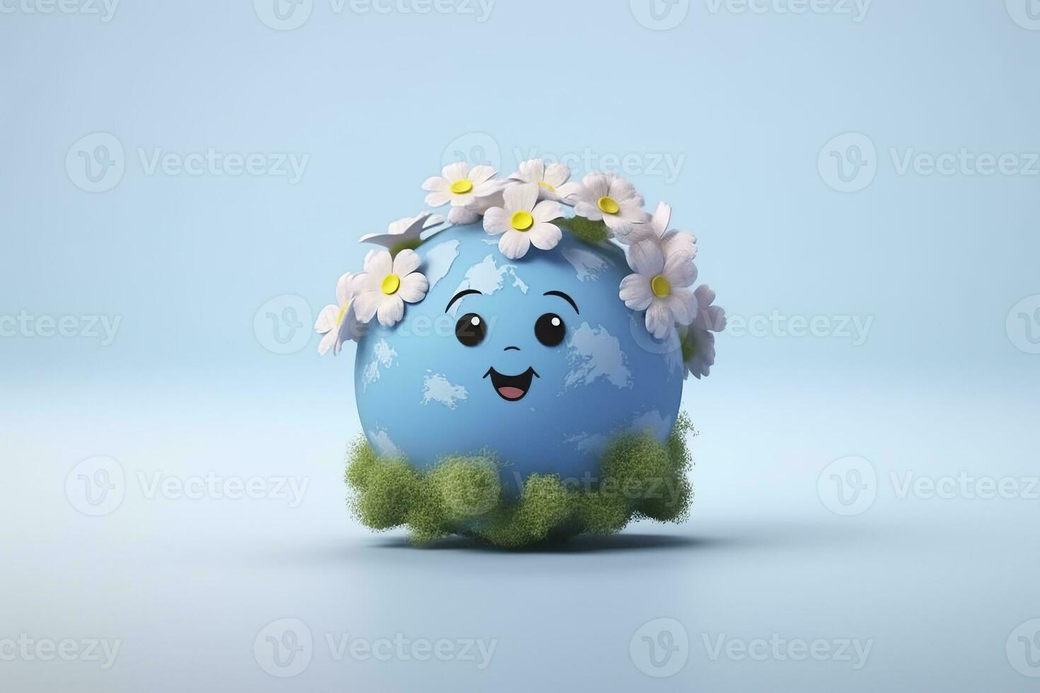 AI generated 3D Cute Earth with Flower on White Background. Planet Earth Day or Environment Day Concept. AI Generative photo