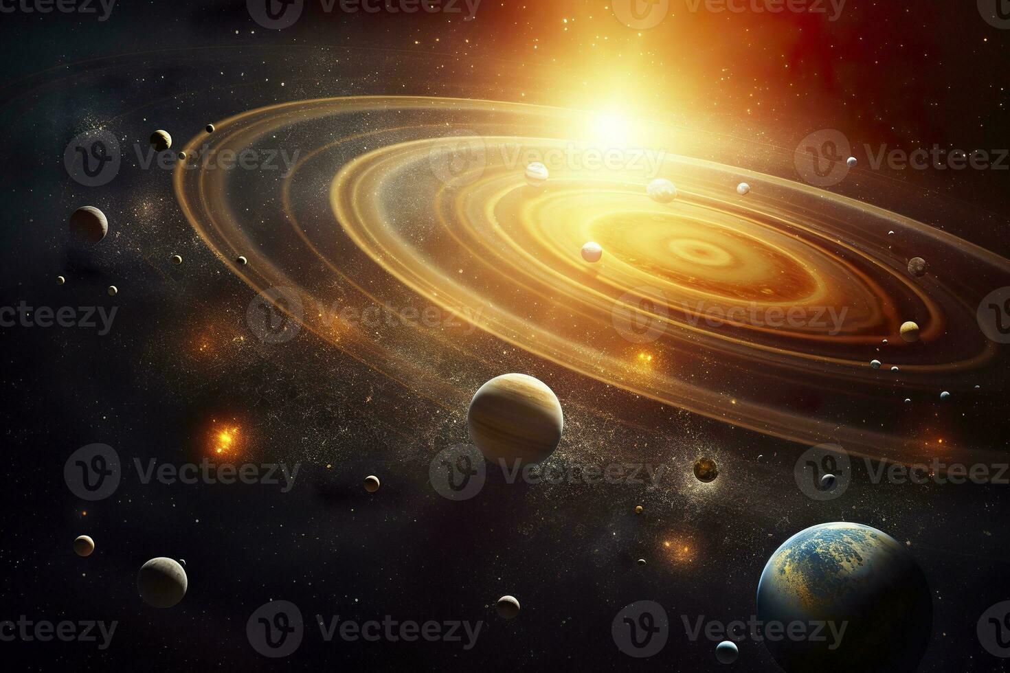 AI generated Our 3d Solar system with planets in orbits path. AI Generative photo