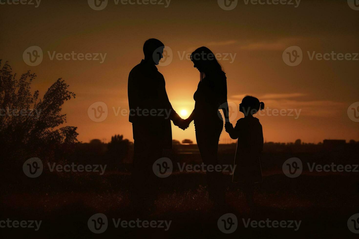 AI generated Shadow of Happy family together, parents with their little baby at sunset. A Silhouette of Love and Unity. AI Generative photo