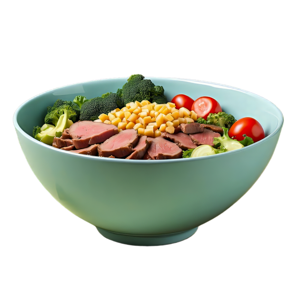 AI generated bowl with vegetable and beef isolated on transparent background png