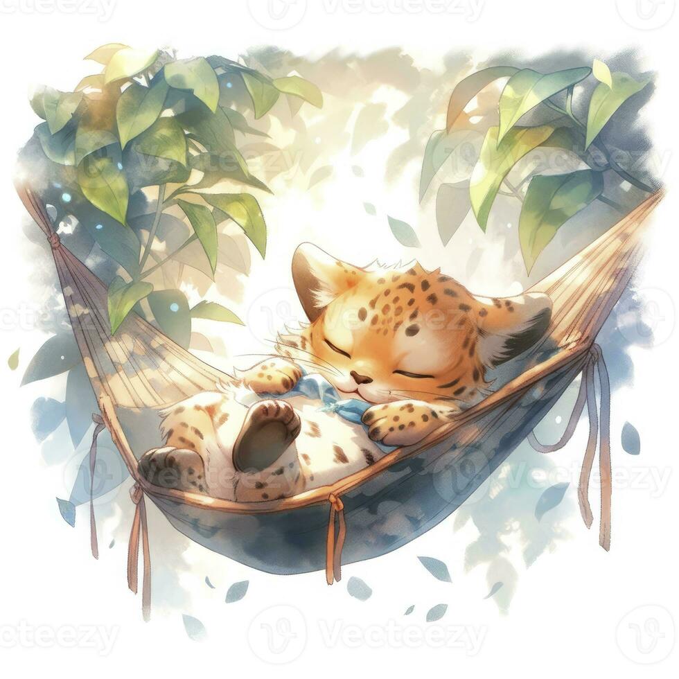 AI generated A sleepy baby leopard in a hammock. watercolor illustration. AI Generated photo