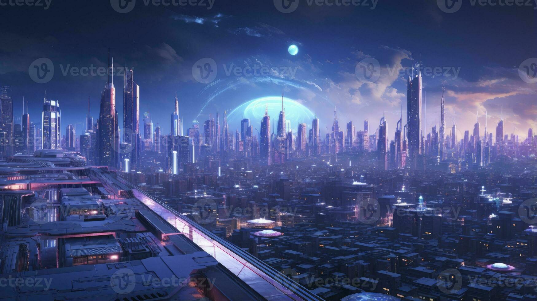 AI generated A futuristic, cyberpunk inspired cityscape at night. AI Generated photo