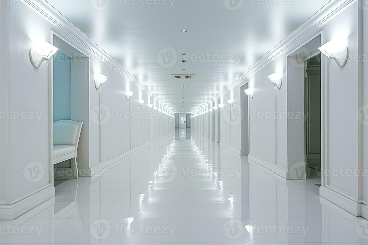 AI generated Interior design of a modern luxurious white building corridor or hallway with waiting seat. AI Generated photo