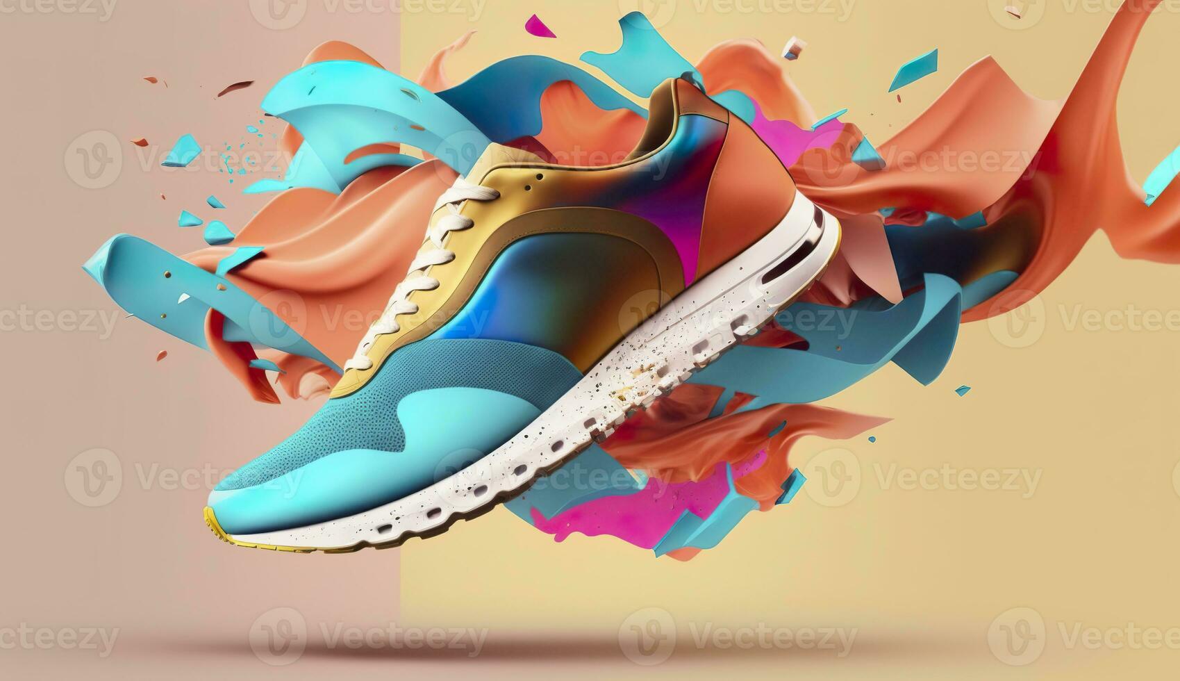 AI generated Flying trendy sneakers on creative colorful background, Stylish fashionable concept. AI Generated photo