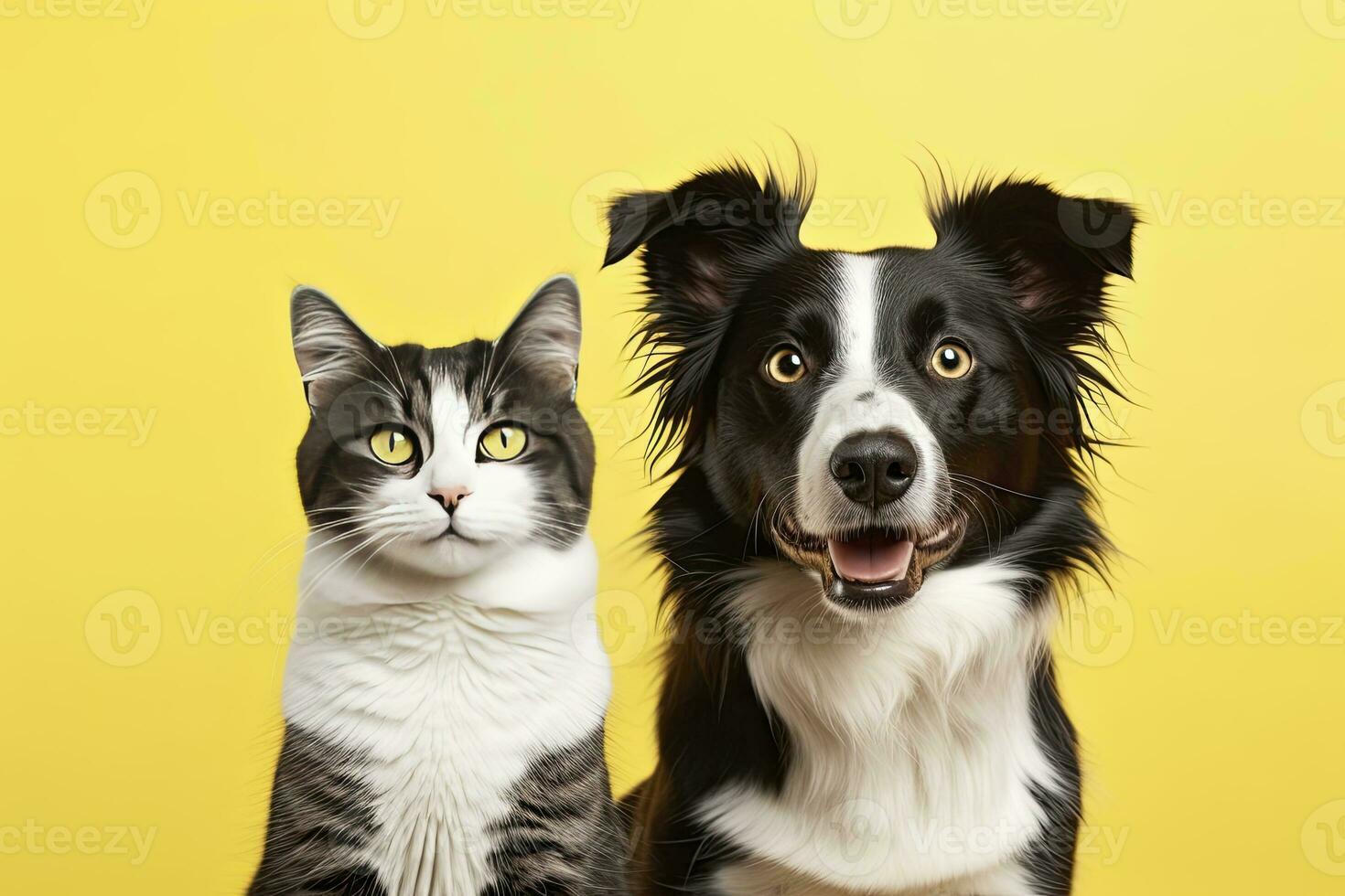 ai generado gato y perro juntos con contento expresiones en amarillo antecedentes. ai generado foto