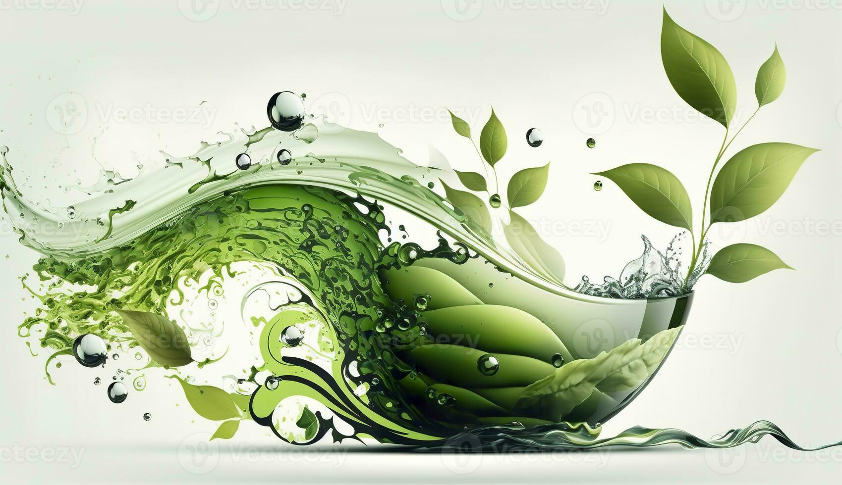 AI generated Green herbal tea wave splash with leaves flow. AI Generated photo