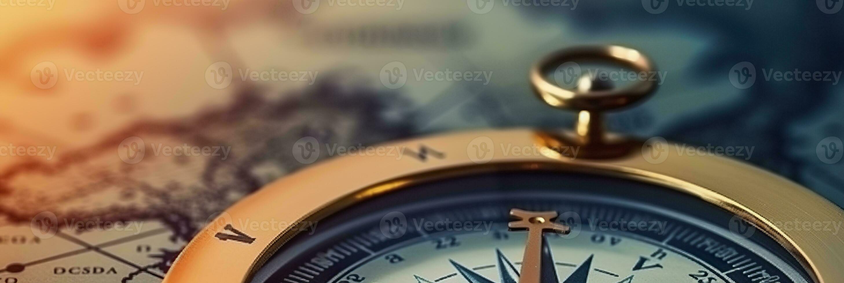 AI generated Magnetic compass and location marking with a pin on routes on world map. AI Generated photo