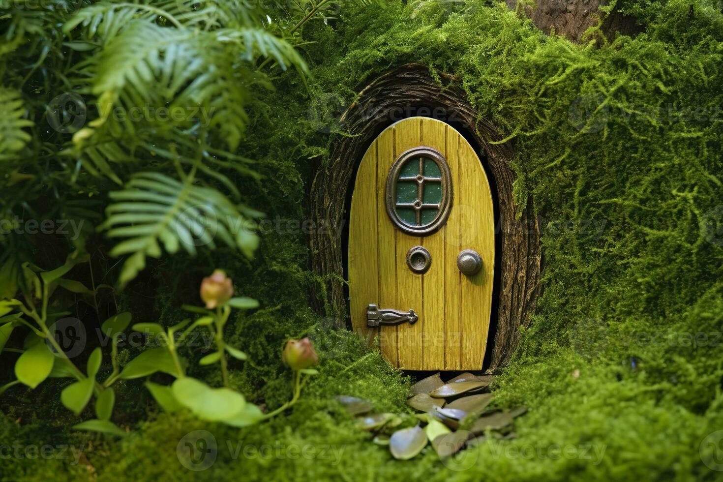 AI generated Little magic wooden fairy doors and plants leave on a mossy natural green background. AI Generated photo