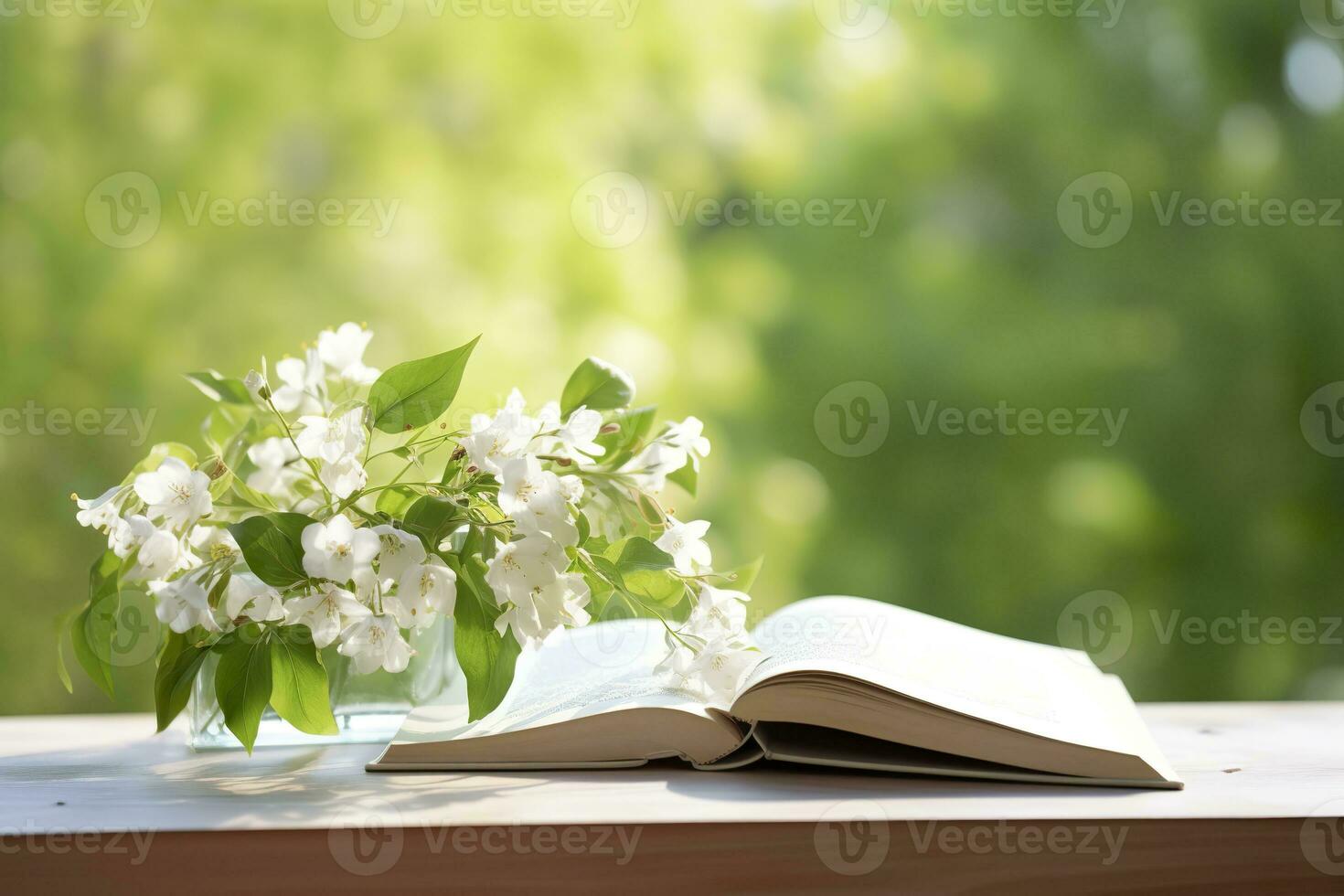 AI generated Jasmine flowers in a vase and open book on the table, green natural background. AI Generated photo