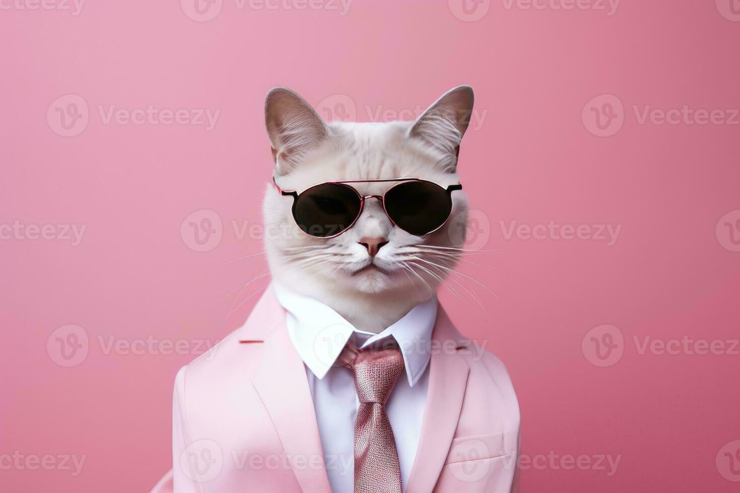 ai generado un gato es vistiendo Gafas de sol y traje en rosado antecedentes. ai generado foto