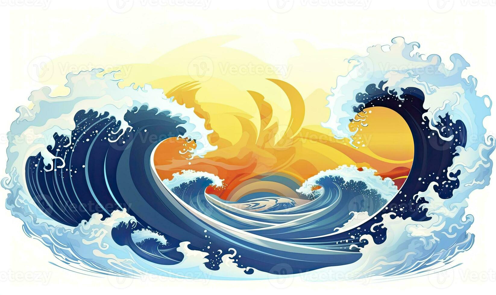 AI generated Ocean wave sun clouds, blue yellow abstract ocean wave. AI Generated. photo