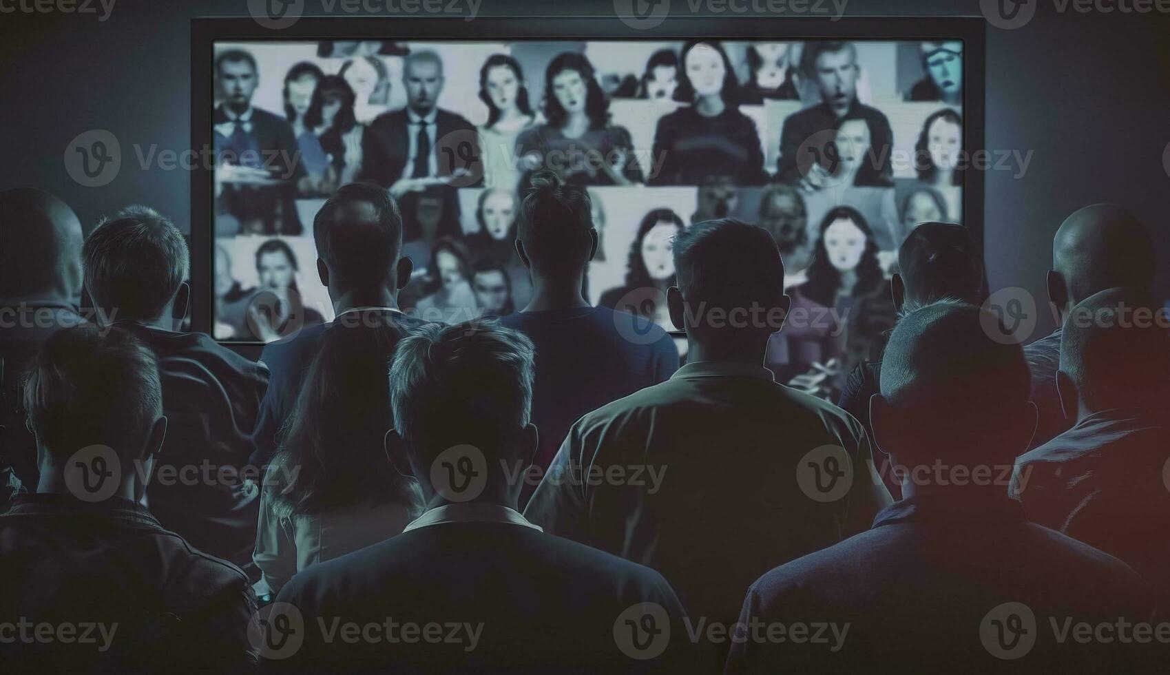 AI generated People crowd watching TV. TV addiction, propaganda and fake news concept. Generative AI photo